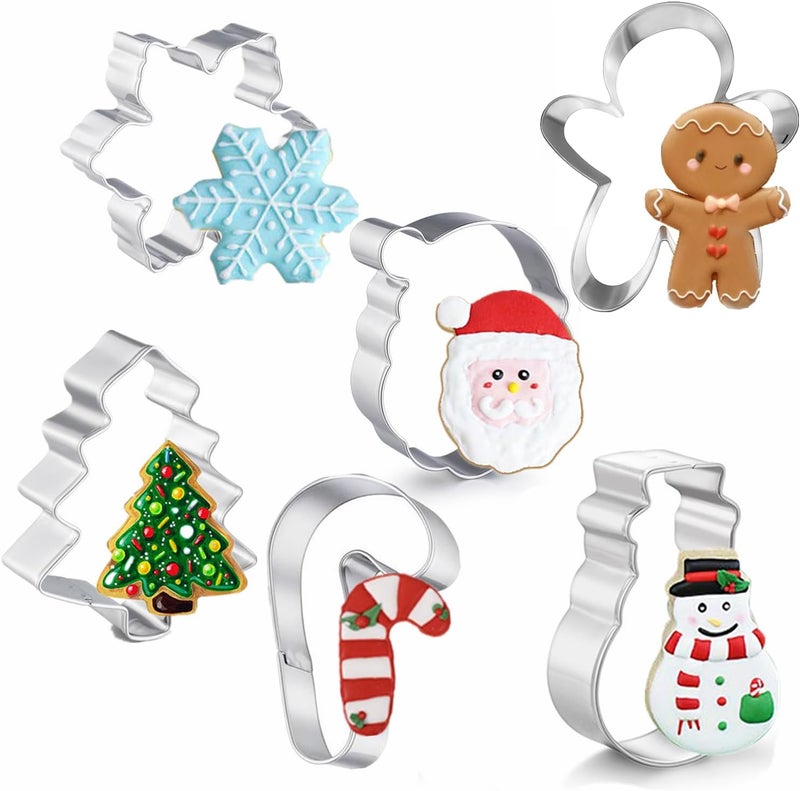 Q-BAKER Large Christmas Cookie Cutters, 4" Holiday Cookie Cutters Shape with Recipe Instruction Gingerbread Men,Christmas Tree,Snowflake, Candy Cane,Santa Face and Snow Man for Baking - Image 1